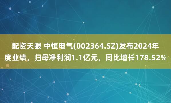 配资天眼 中恒电气(002364.SZ)发布2024年度业绩，归母净利润1.1亿元，同比增长178.52%
